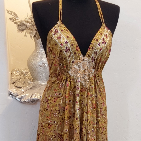 BOHEMIAN GODDESS Silk Gold, Green, Wine & Ivory Floral Maxi Dress - Picture 10 of 11